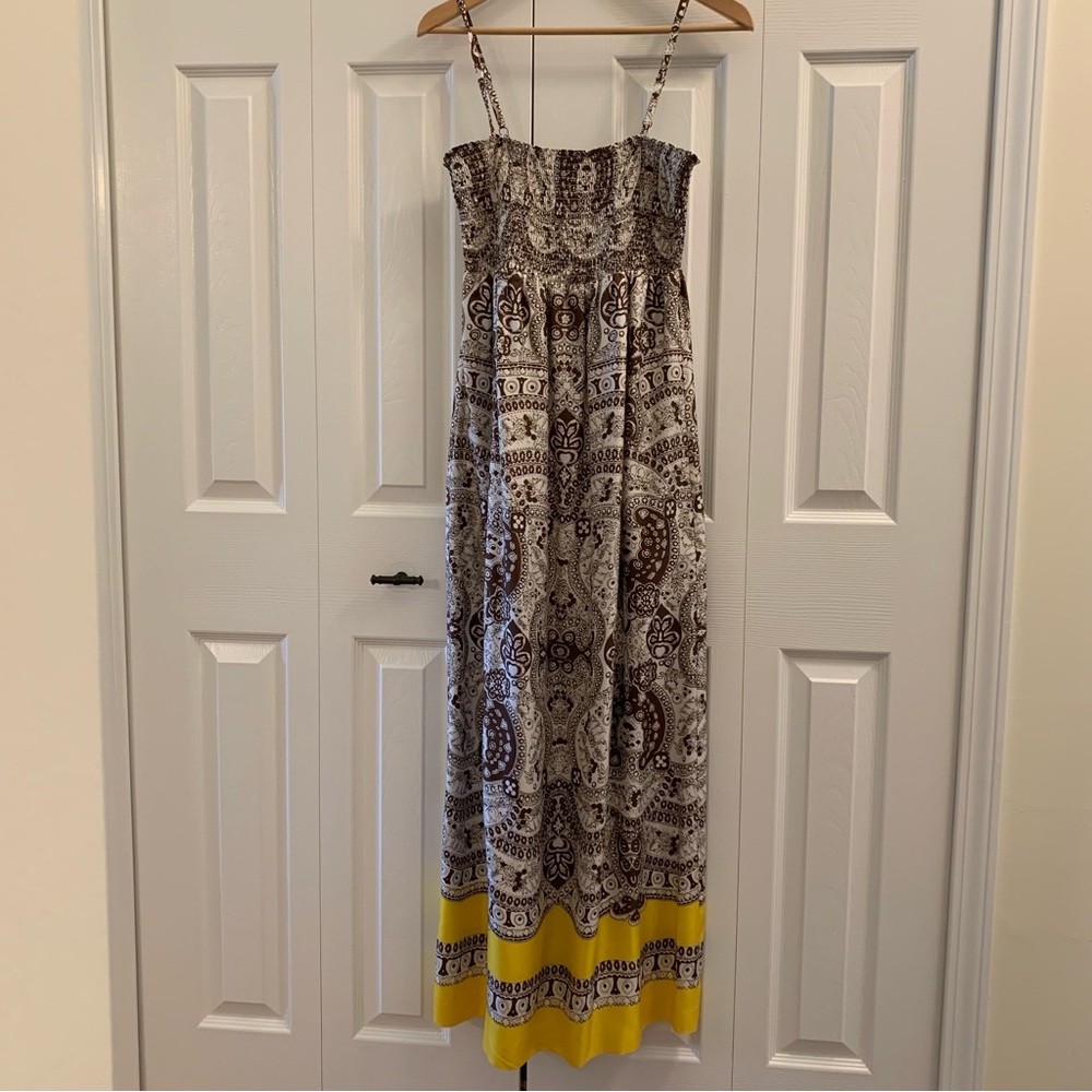 Talbots Silk Maxi Dress Elastic Shirred Bodice Spaghetti Straps Med Yellow Brown